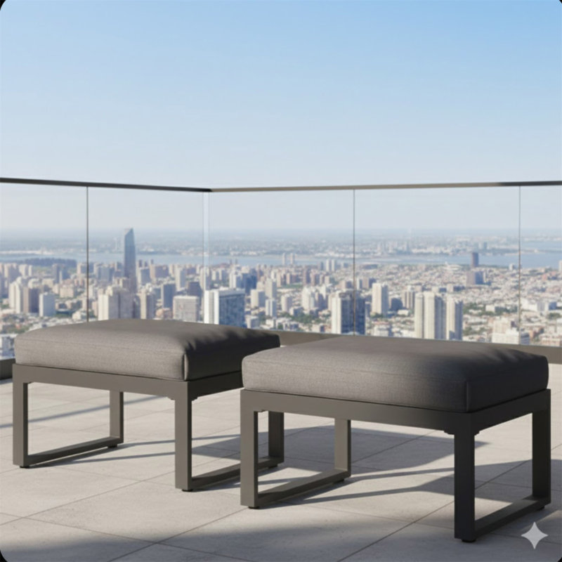 Set Of 2 26" All-Weather Aluminum Patio Ottomans Footrests With Thick Gray Cushions, Gray