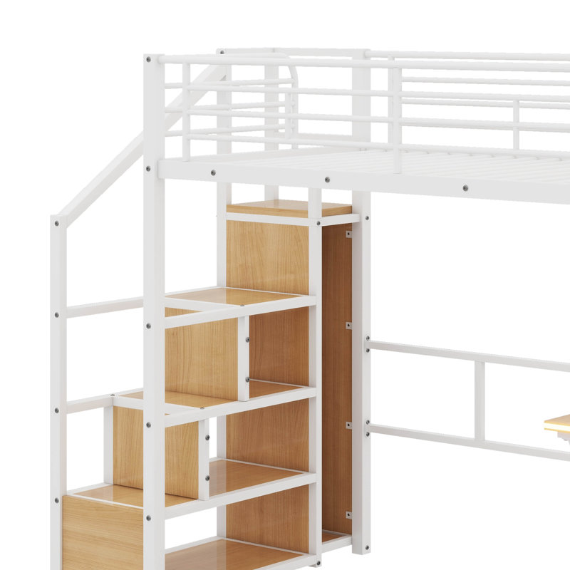 Lit mezzanine simple en métal avec poste de travail, garde-robe, escalier de rangement et DEL