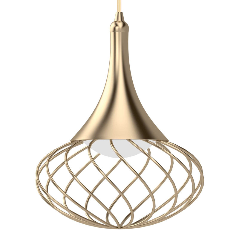 1-Light Integrated LED Indoor Antique Gold Hanging Mini Pendant with White Acrylic Lens and Oval Caged Wire Sphere