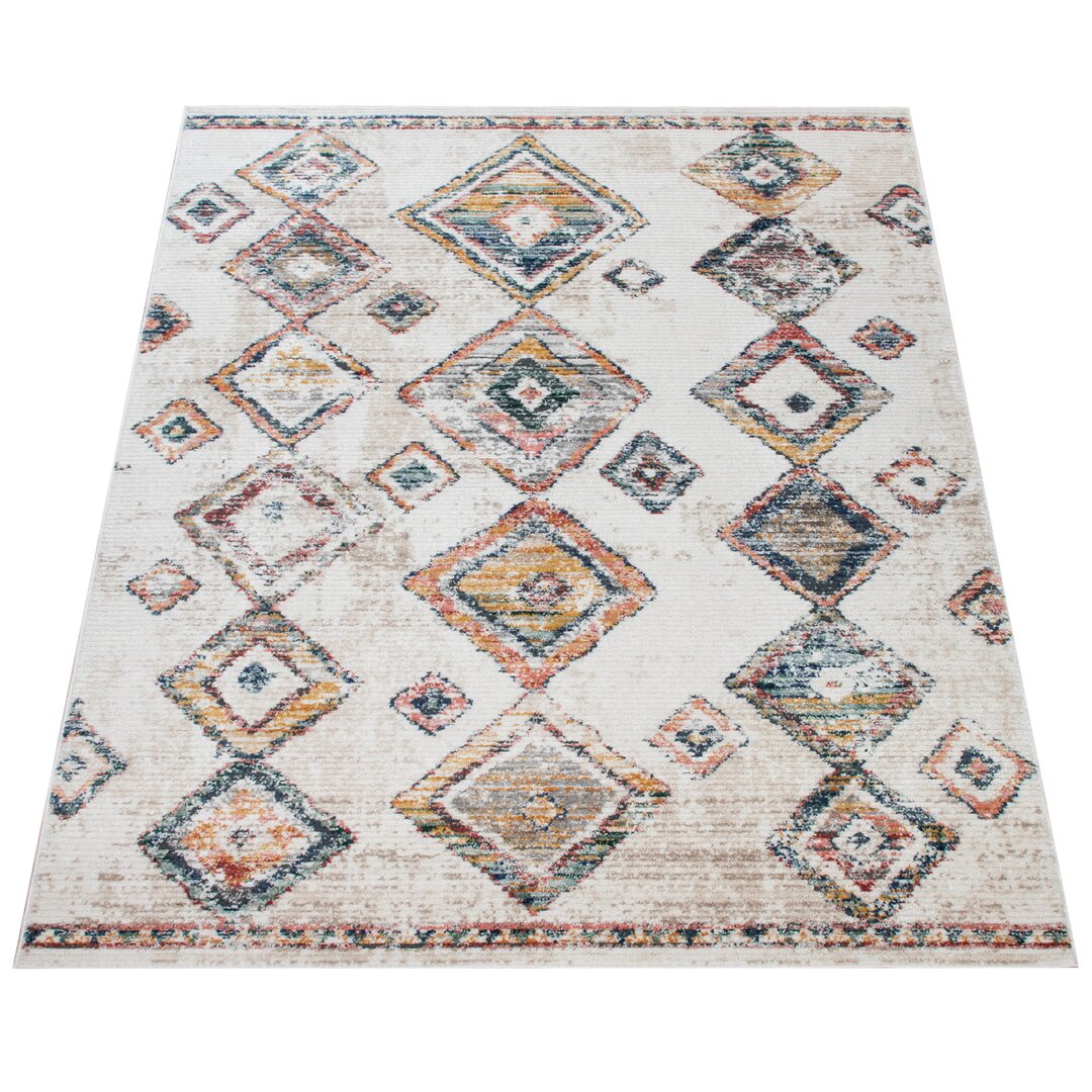 Veschi Living Room Short Pile Ethno Boho 3D Lozenge Bright Modern Power Loom Beige/Orange/Blue Area Rug