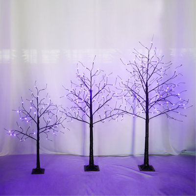 3 Pac Halloween Spooky Tree With Purple Lights, 4FT 5FT And 6FT, Lighted Black Tree For Halloween Decoration