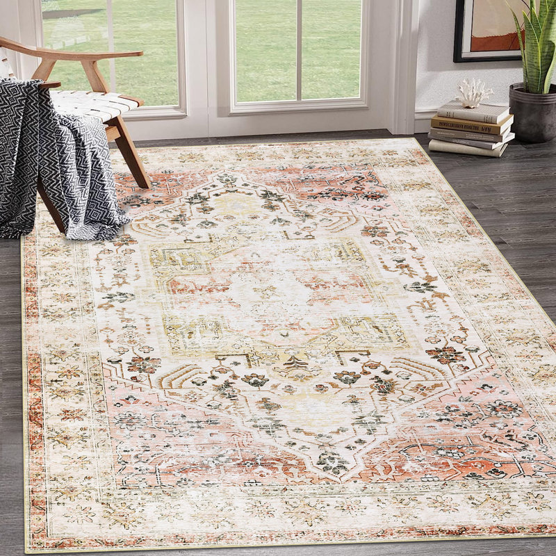 Area RugRugs for Living RoomNon Slip Stain Resistant Kitchen RugVintage Distressed Accent Rug Floor Cover for Bedroom, Beige