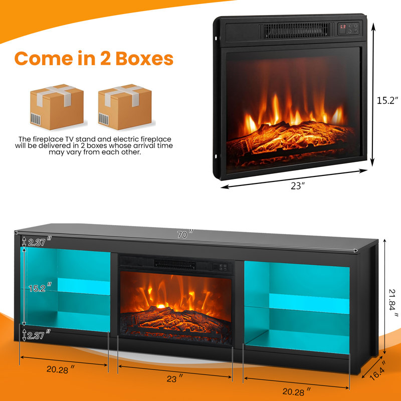 66'' LED TV Stand for TVs up to 75'', Media Console with LED Lights and Electric Fireplace, Black