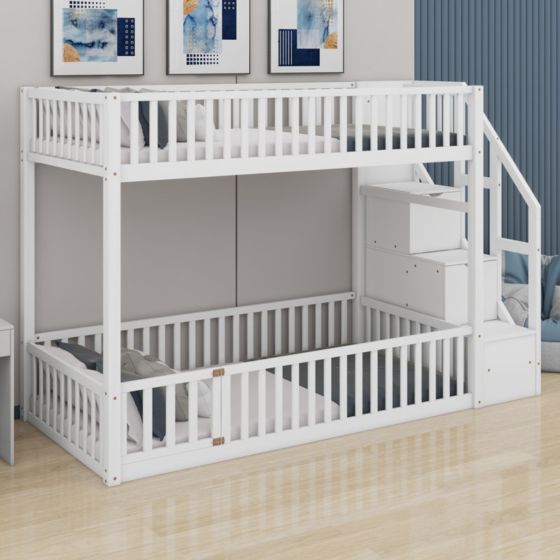 Lit superposé élégant avec rangement pour escalier intégré, Blanc
