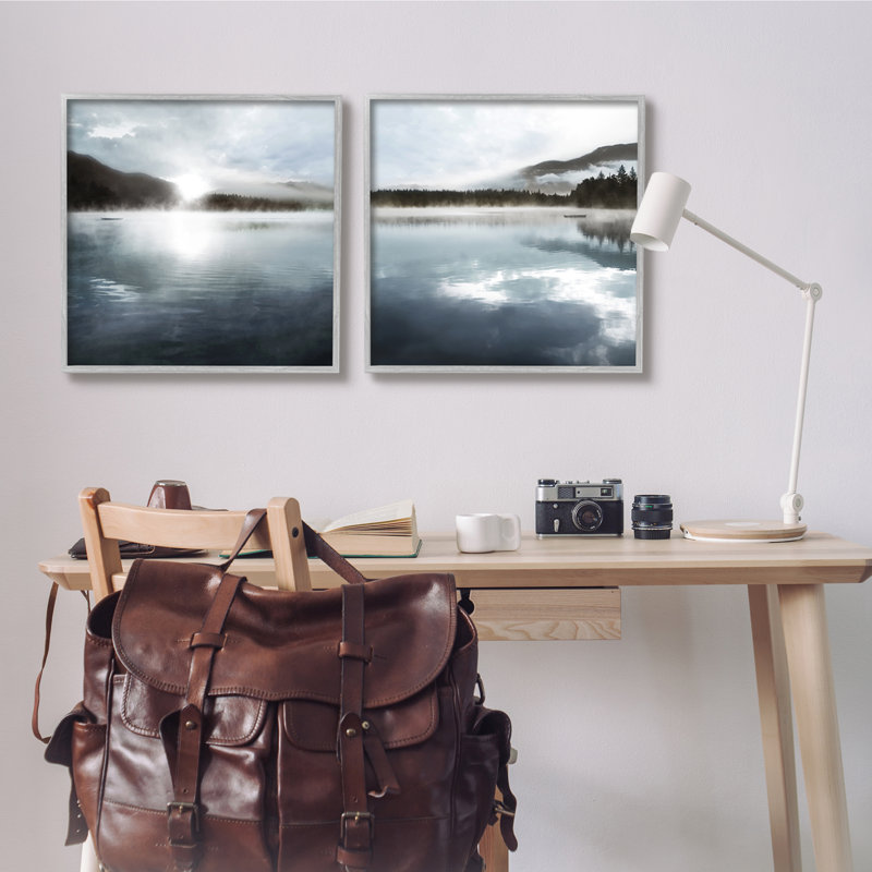 Misty Morning Lake Water Landscape Tree Forest Mountains 2Pc Gray Farmhouse Rustic Oversized