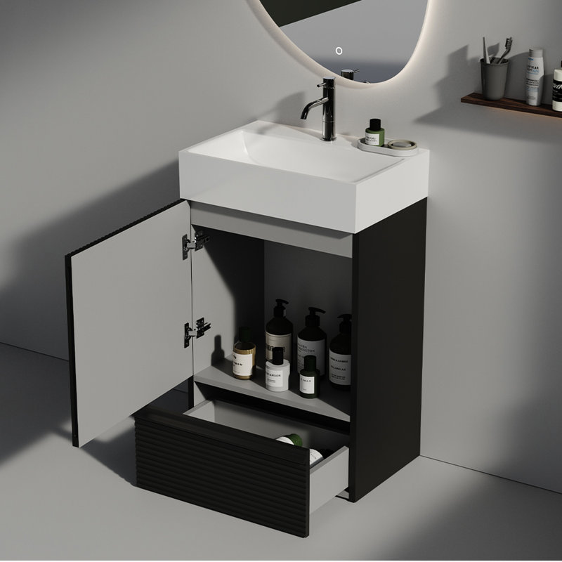 Meuble-lavabo moderne rayé de 20 po, noir, un tiroir, coffre-fort pour porte familiale, tous les âges