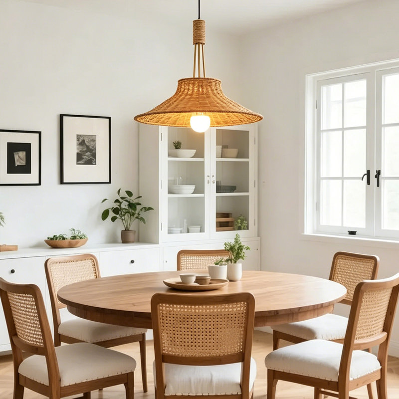 Large 24" Aged Brass Rattan Pendant Light