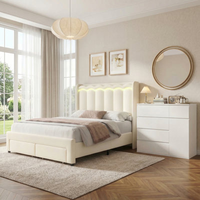 Ensembles de chambre à coucher 2 pièces, lit tapissier à DEL avec usb et 2 tiroirs, commode à 5 tiroirs de l 39,4 po