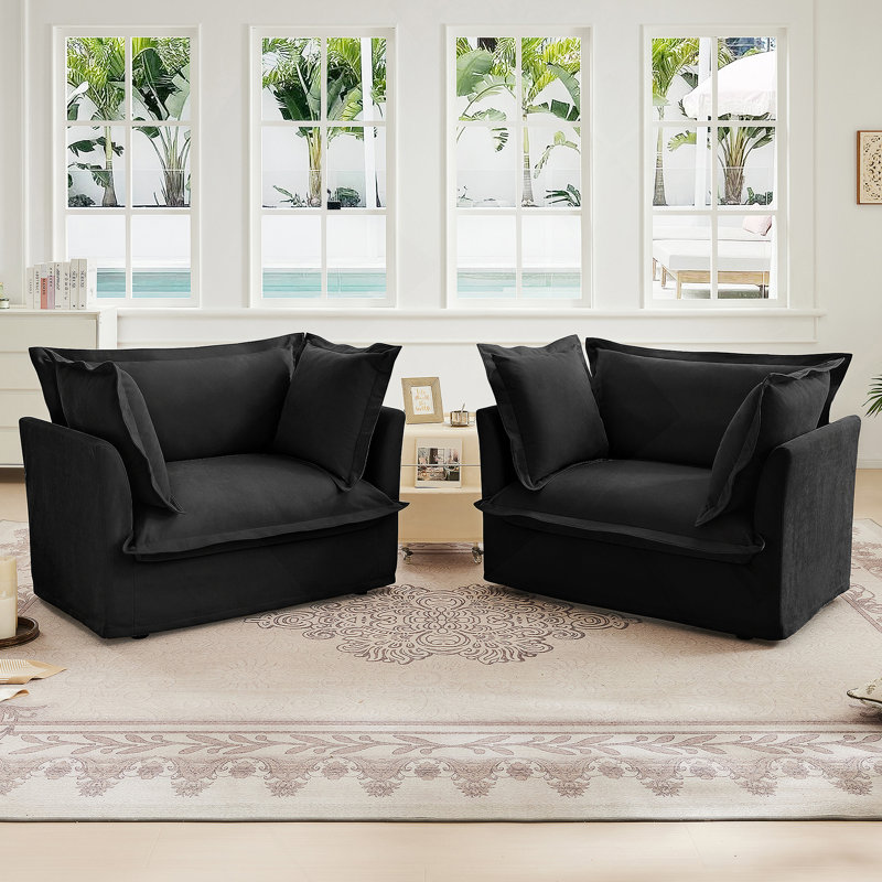 Ensemble de 2 fauteuils avec housse, fauteuil d'appoint à siège profond pour salon, salle de lecture, chambre à coucher et espaces de travail, avec grands coussins moelleux, tissu chenille, noir