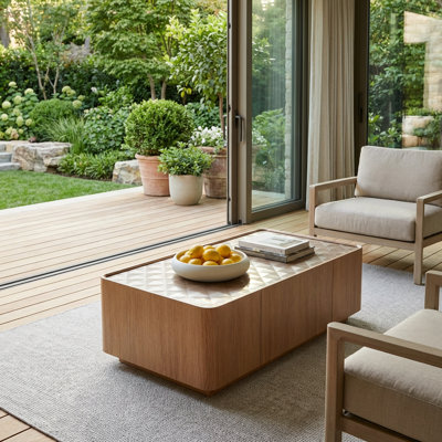 Mid-Century Modern Rectangular Coffee Table with Tempered Glass Top and Hidden Storage Drawers