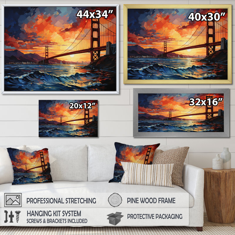 «Orange Bridge Golden Gateway I», impression d'art mural, H 34 po x l 44 po x P 1,5 po, Cadre photo noir