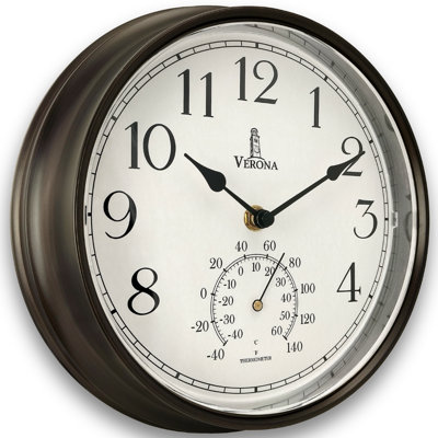 Outdoor Clocks for Patio Waterproof with Thermometer — Black 9.5 Inch Indoor Outdoor Wall Clock with Temperature Display — Weatherproof, Accurate & Easy to Read for Pool, Garden & Home Décor