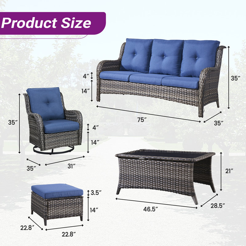 Ensemble de patio 6 pièces avec coussins Bonia, Bule, gris