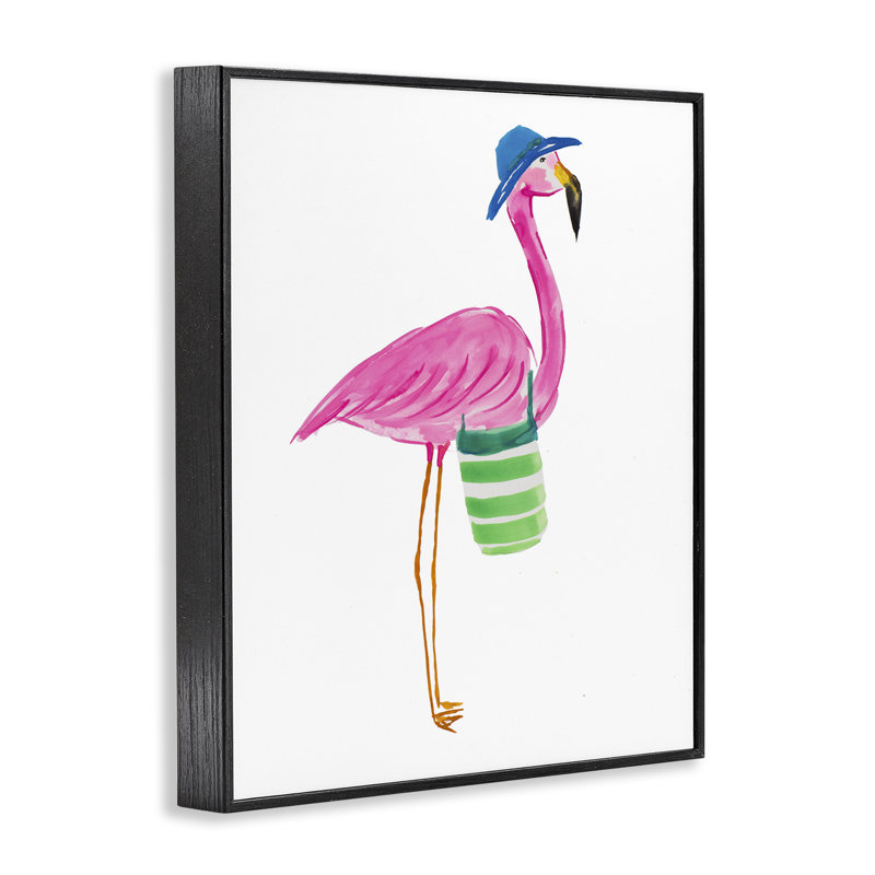 Flamant rose avec sac de plage, estampe numérique par Julie DeRice, Giclée encadrée noir minuit, H 20 po x l 16 po