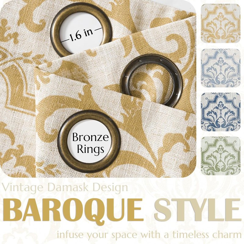 Grommet Vintage Damask Patterned Linen Curtains for Bedroom Vintage Curtains, 52" W x 63" L, Mustard Yellow on Flax