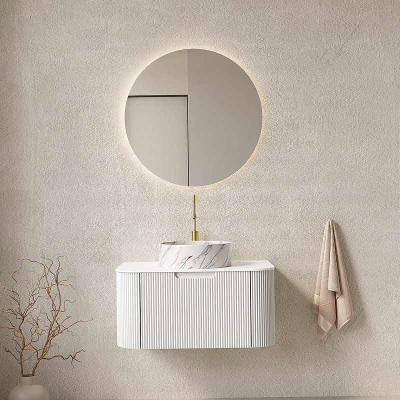 Meuble-lavabo de salle de bain 30 po avec lavabo, lavabo à fixation murale à bords arrondis flottants avec tiroir, lavabo en céramique blanc avec motif de pierre, pré-assemblé, vert clair