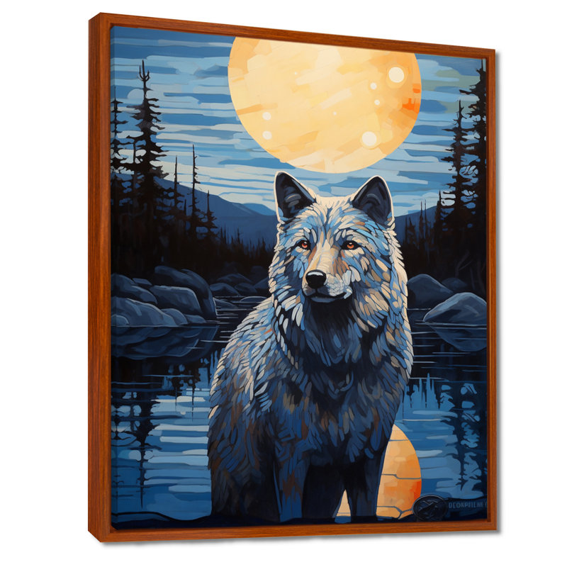 Loup blanc sous la pleine lune par Forest River - loup, art mural, H 32 po x l 16 po x P 1 po, Toile avec cadre flottant brun