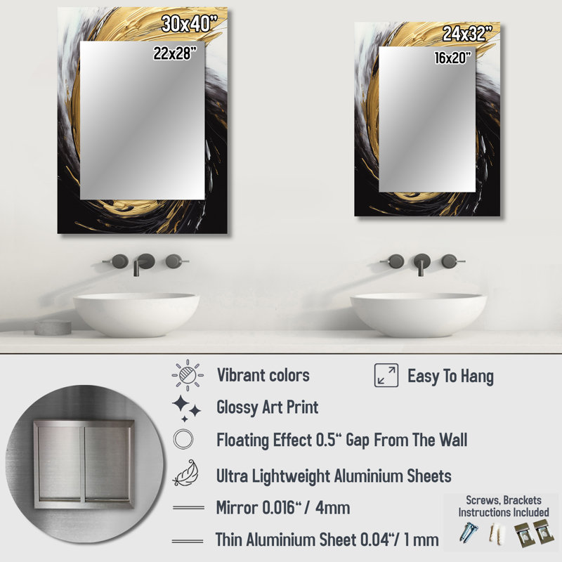 Waves Of Midnight Passion Abstract Black & Gold - Gold Wall Mirror Decor, 40" x 30"