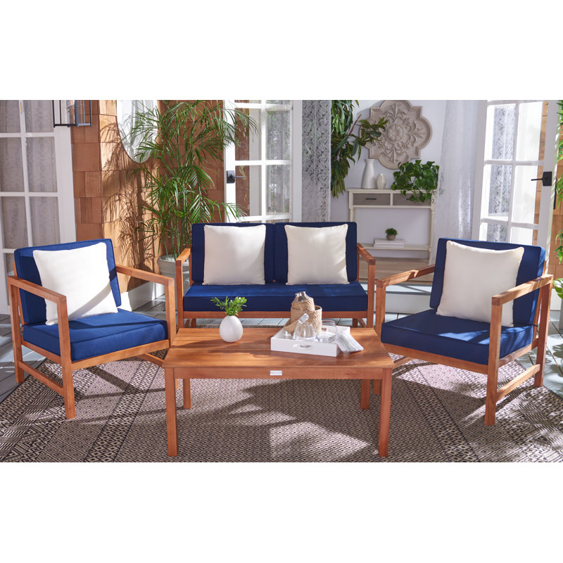 Ensemble de conversation pour 4 personnes Nidhi Eucalyptus, Structure naturelle / coussin bleu marine