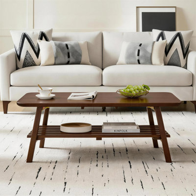 Table basse brune en bois massif - Table de bout rectangulaire Mid-Century avec rangement et pieds pliants