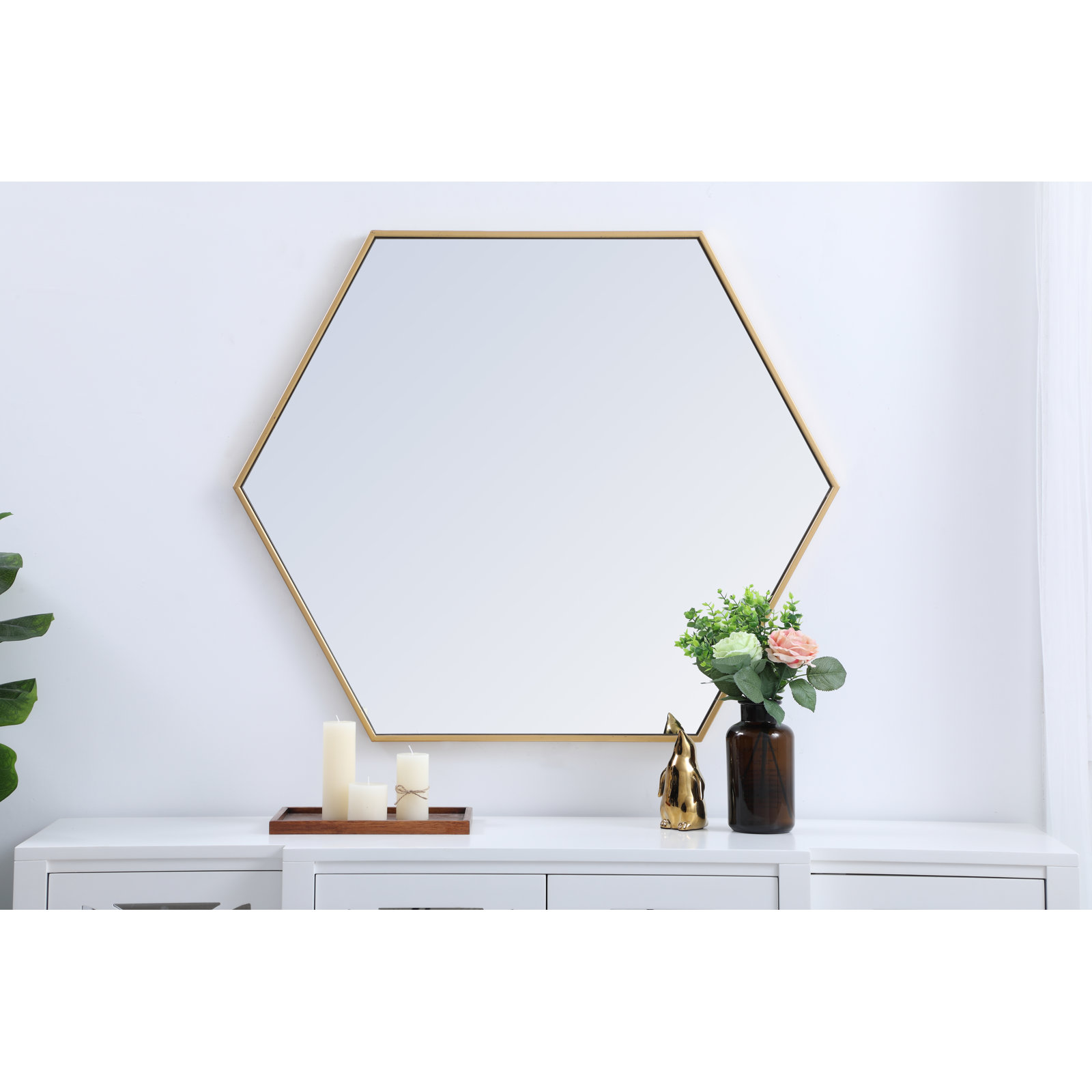 Sabine Metal Hexagon Wall Mirror, Brass, 32" x 38"