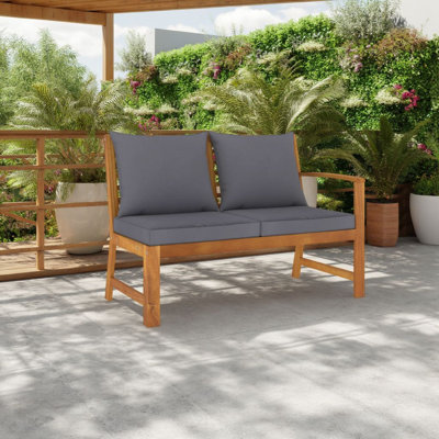 Outdoor Bench, Gray Fabric Cushions, Slatted Brown Solid Acacia Wood by Benjara