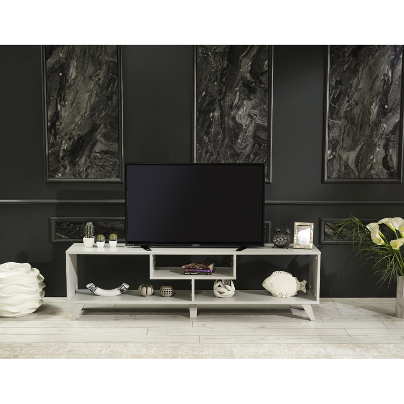 Meuble audio-vidéo gris de 67 pouces, meuble télé de style moderne Mid-Century avec étagère, tablettes centrales ouvertes