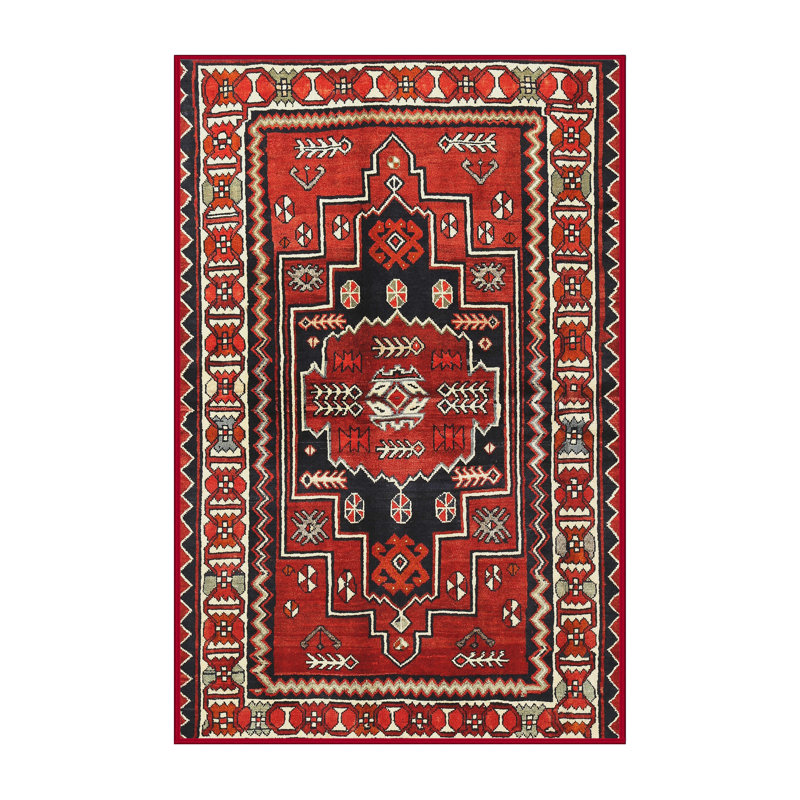 Tapis traditionnel noir / rouge / beige, Rectangle 2 pi x 5 pi