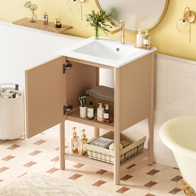 Meuble-lavabo autoportant de style français de 20 pouces avec lavabo en céramique, meuble-lavabo simple, porte à fermeture en douceur, simplicité élégante, motifs exquis, charnières en acier inoxydable, poignée ronde en métal, grand espace de rangement,