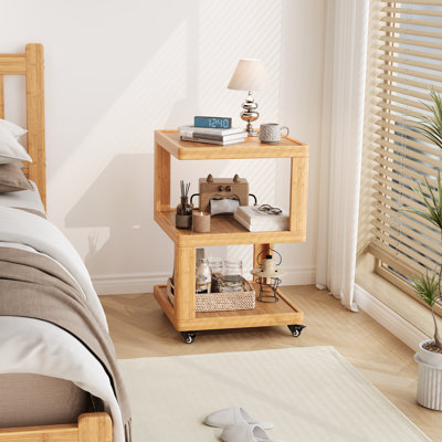Natural Solid Wood 3-Tier Rolling Side Table,Natural Finish