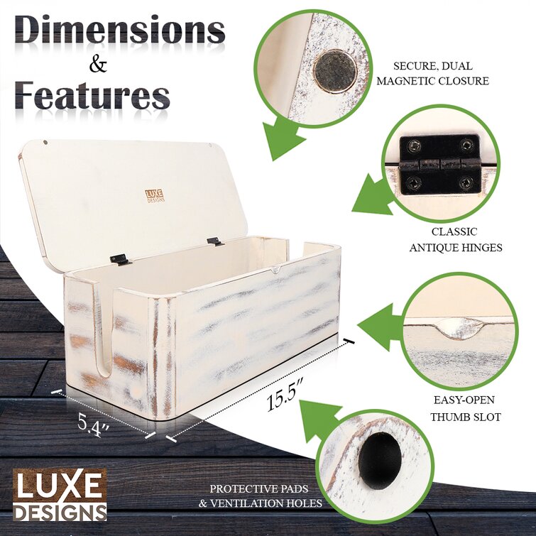 LuxeDesigns Cable Management Box & Cord Organizer- Cable Organizer for Desk, Home, Office. Hides Wires, Surge Protectors, Power Strips. Eco Friendly Mango Wood