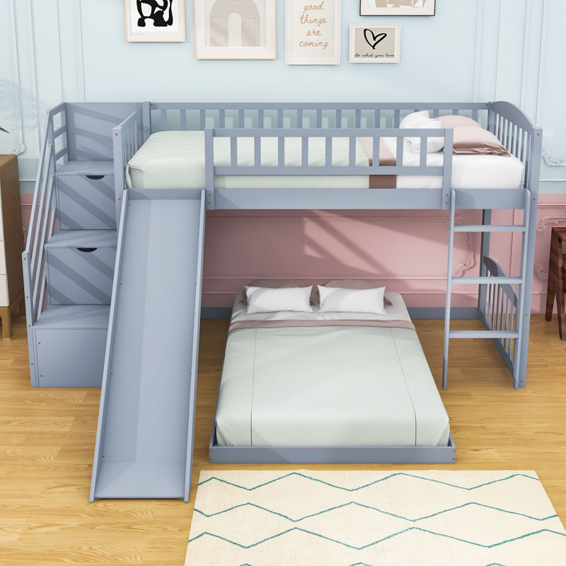 Wood Twin Over Twin Bunk Bed With Slide And Storage Staircase, Gray