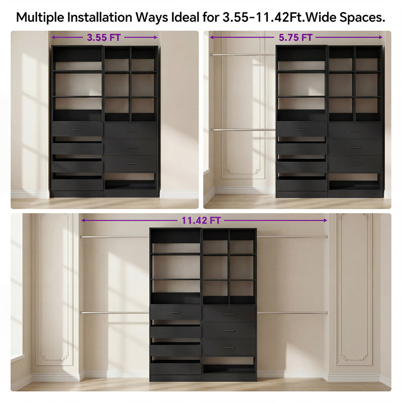 Modular Walk-In Closet System With 4 Hanging Rods, 3 Shelves & 7 Drawers - Versatile Storage Solution, Black