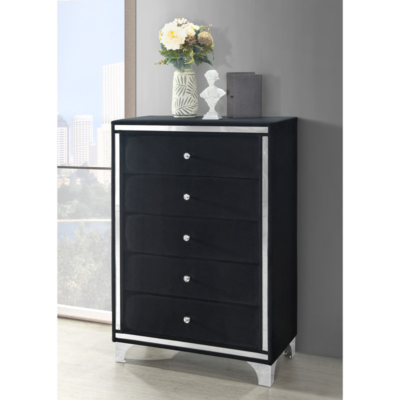 Commode 5 tiroirs en velours Gertz, Noir, noir, noir, noir