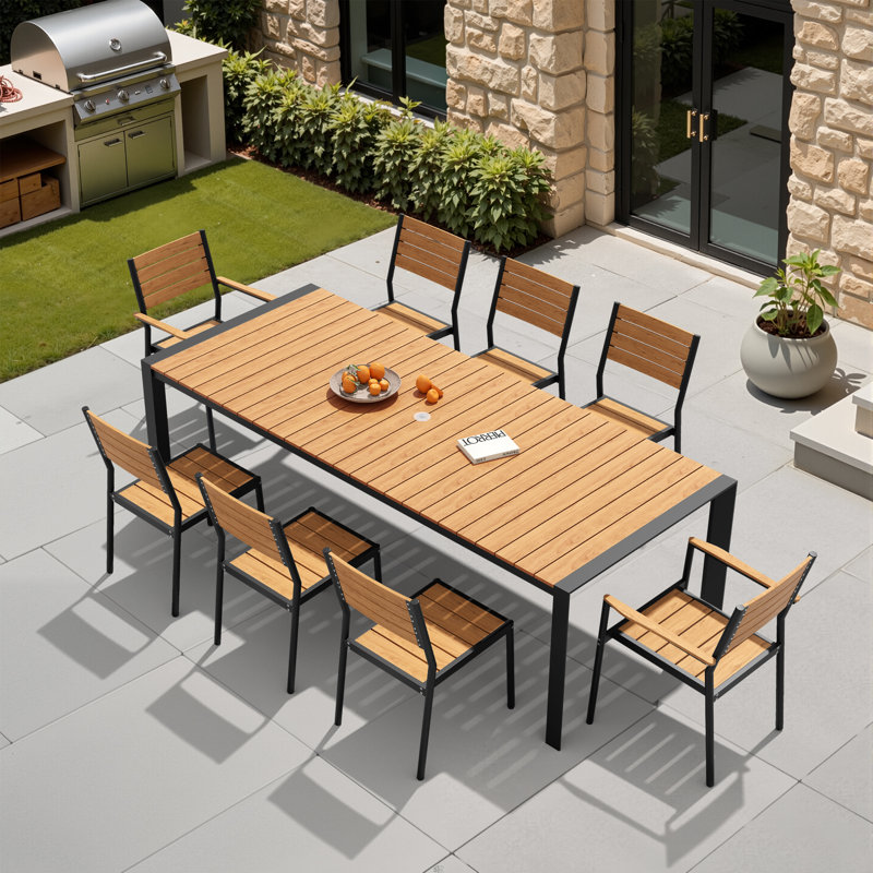 Ensemble repas pour 8 personnes avec chaises empilables et chaises sans accoudoirs, Brun