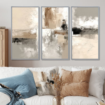 Brown And Black Brushstroke Abstract Painting  - Cubism Large Wall Art Print Set