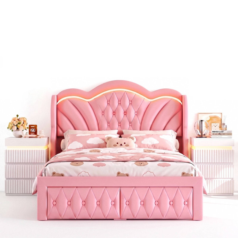 Ensemble de chambre à coucher 3 pièces avec cadre de lit à DEL avec rangement à oreilles et table de chevet à DEL USB, Blanc