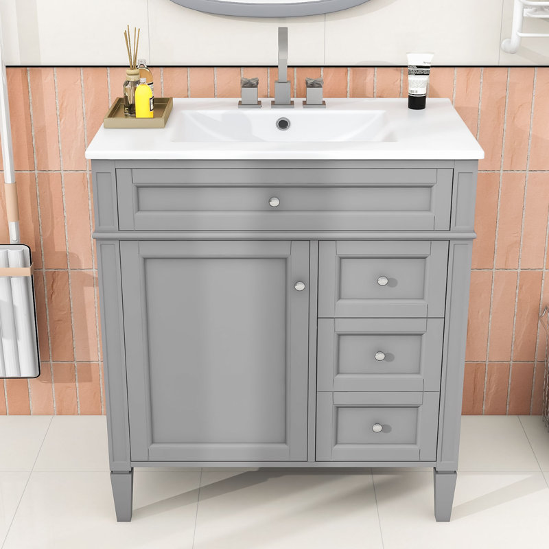 Élégant meuble-lavabo simple 30 po avec comptoir en céramique et plusieurs options de rangement, Gris