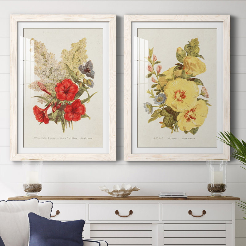 Antique Floral Bouquet V - Ensemble de 2 reproductions de cadres photo, Cadre blanc, H 37,5 po x l 55 po x P 1,5 po