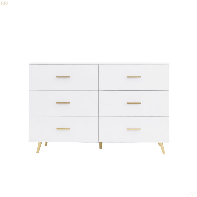 Commode 6 tiroirs à surface ultrabrillante avec poignée dorée et pieds en acier doré