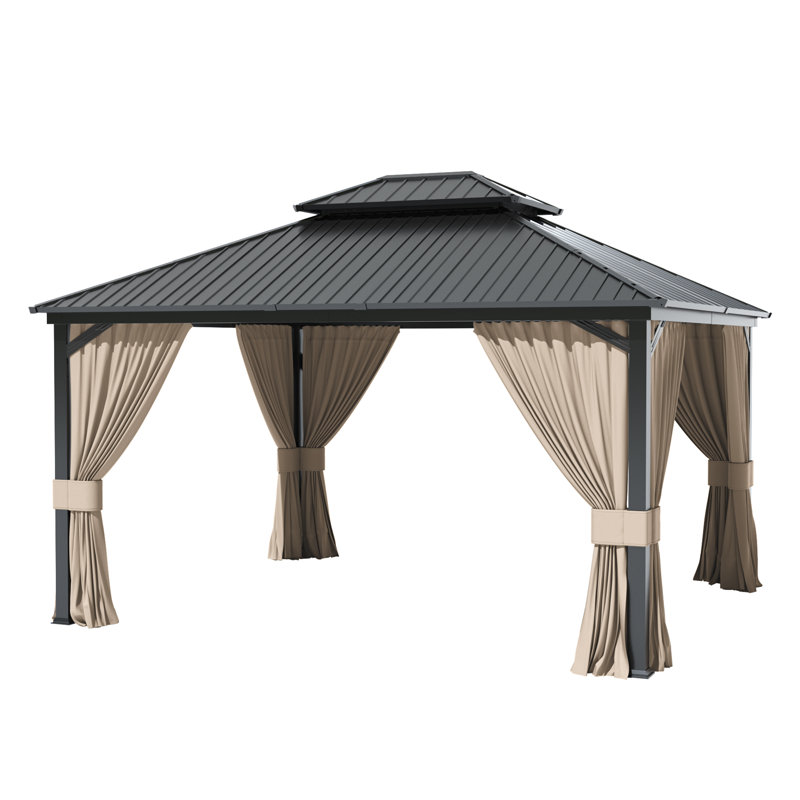 12' X 14' Outdoor Hardtop Gazebo With Galvanized Steel Roof, Tan Curtains And Mosquito Netting