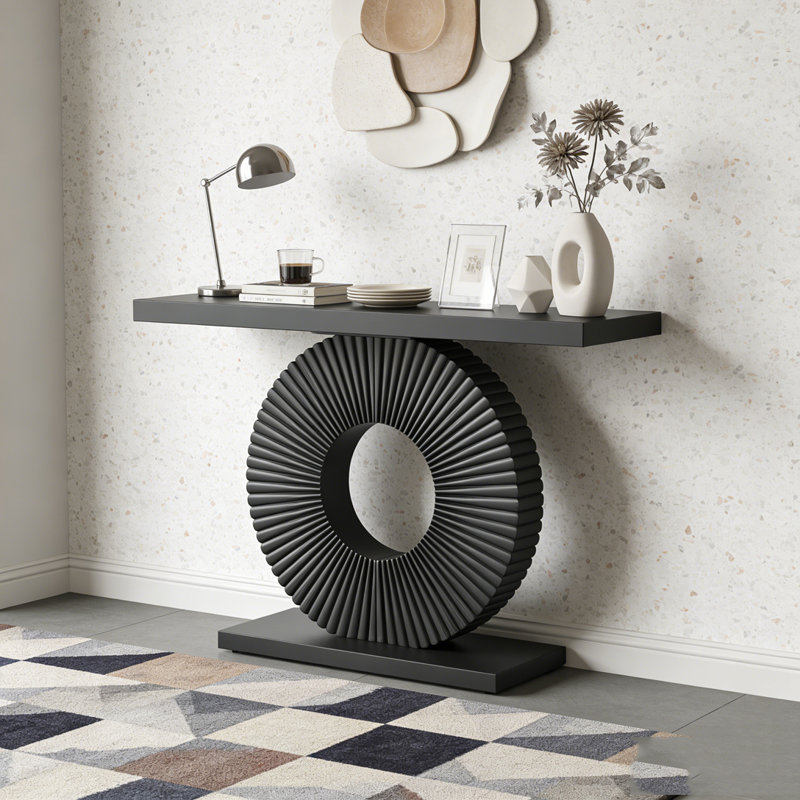 Modern Wood Sofa Table with Geometric Base, Black