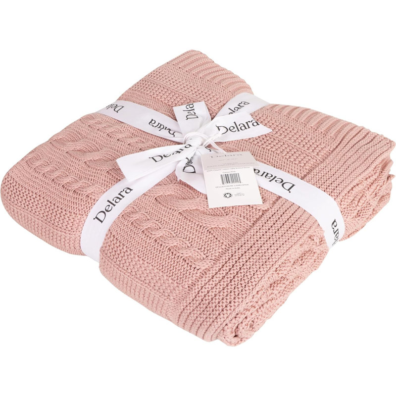 Cameo Pink Organic Cotton Cable Knitted Throw Blanket 50x70 Inches