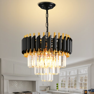 15.7" Modern Black & Gold Crystal Chandelier, E12 Base, No Bulb Included
