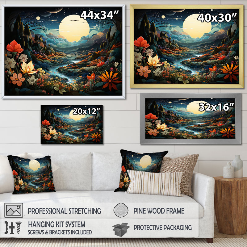 «Yellow Enchanted Meadows Fantasy III - Art abstrait paysage mural», Cadre doré à coins fermés, H 30 po x l 40 po x P 1,5 po