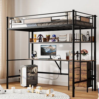 Lit simple mezzanine brun avec bureau en forme de L, port de charge, 3 tiroirs en tissu, rangement pour tablette, lit en métal robuste, espace de travail spacieux et sans sommier, pointe, étagère,
