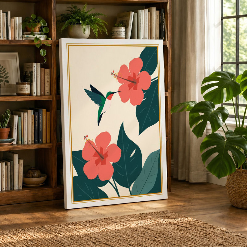Coral Blooms with Hummingbird Botanical - Wrapped Canvas, 18x12 - 45.7 x 30.5 cm, Ochre Border