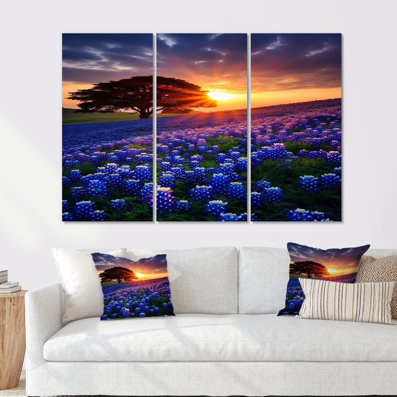 «Single Tree Blossoming Flower Field Sunset - Blue Bonnets», ensemble de reproduction d'art mural, Toile tendue
