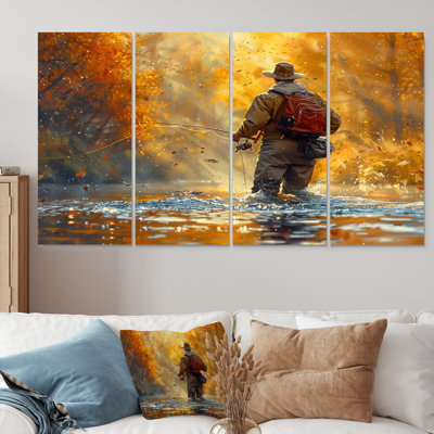 Autumn River Fishing - Chasse et pêche, ensemble de salon d'art mural