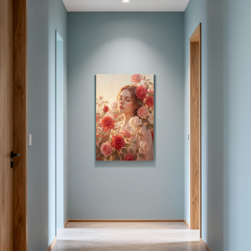 Femme de la Saint-Valentin entourée de roses dans une douce lumière, H 48 po x l 32 po
